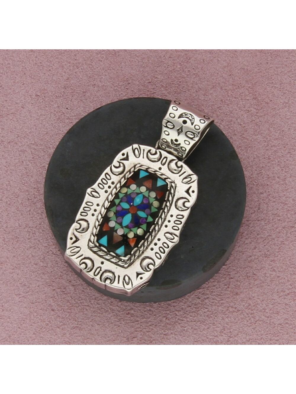 carolyn pollack sterling silver turquoise onyx lapis mosaic stamped pendant